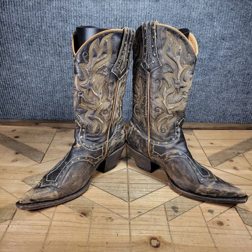 Stetson Women's 8.5 Black Brown Leather Studded Distressed Western Boots - Picture 4 of 9